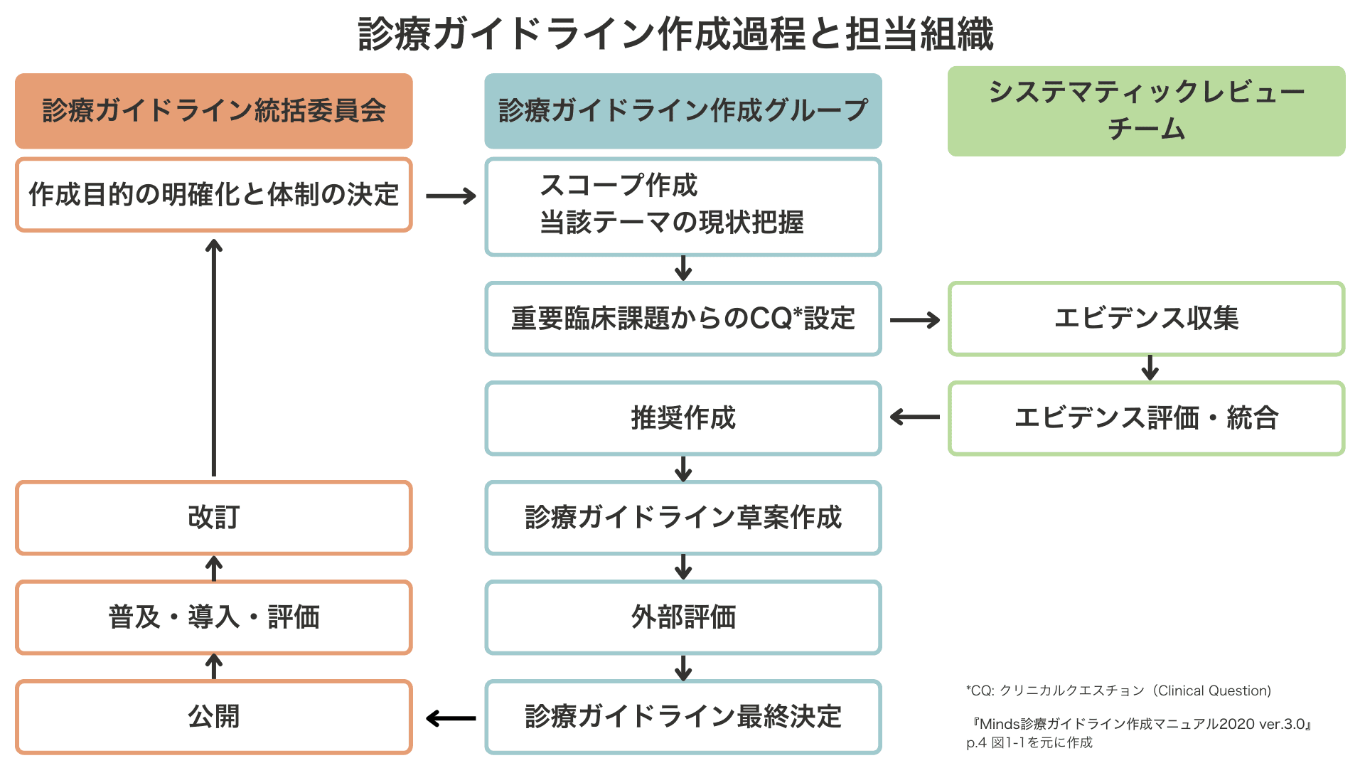診療ガイドライン作成過程と担当組織を示す図。統括委員会が作成目的と体制を決定し、作成グループがスコープ作成、重要臨床課題からクリニカルクエスチョンを設定する。システマティックレビューチームはエビデンス収集とその評価・統合を担当し、再び作成グループが推奨作成、草案作成、外部評価を経て最終決定する。最終的に統括委員会によって公開・普及・評価へ進む。